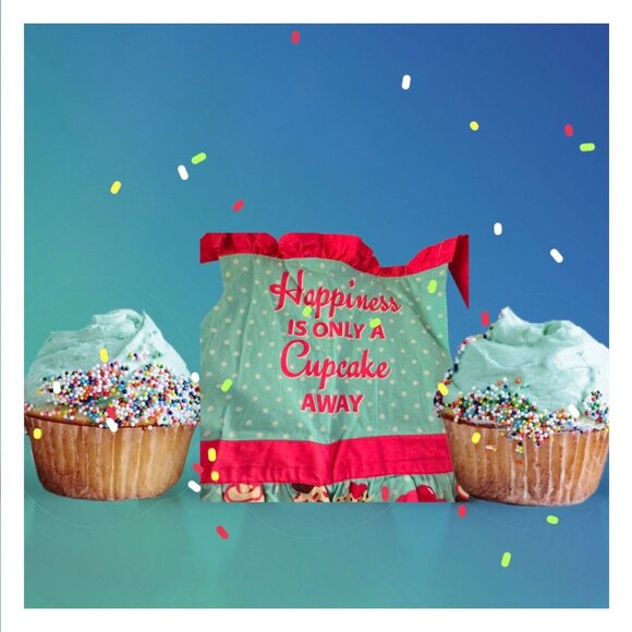 Pantry Full Apron Happiness Is Only A Cupcake Away Pink And Turquoise Cotton EUC - Picture 2 of 5